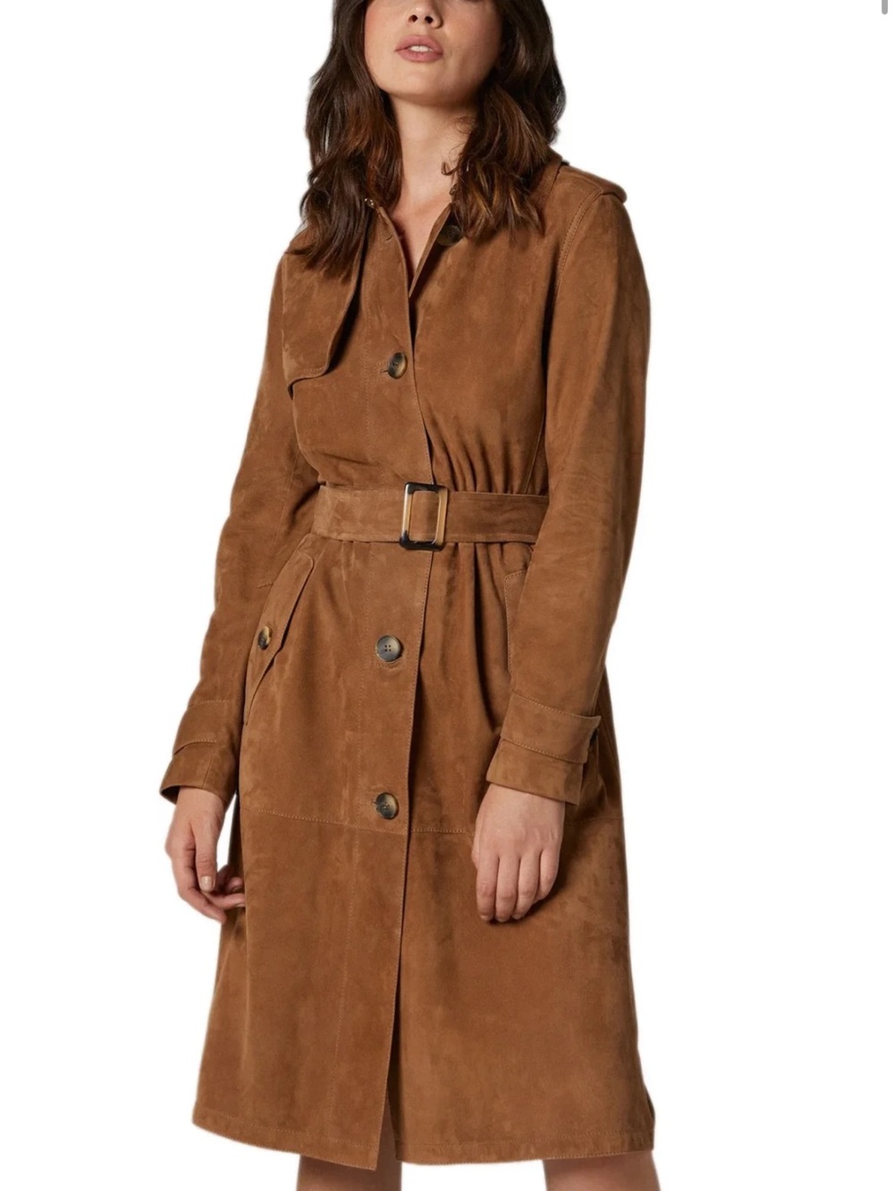 Women’s Doutzen Kroes Camel Women's Long Suede Leather Trench Coat - M vintage 7